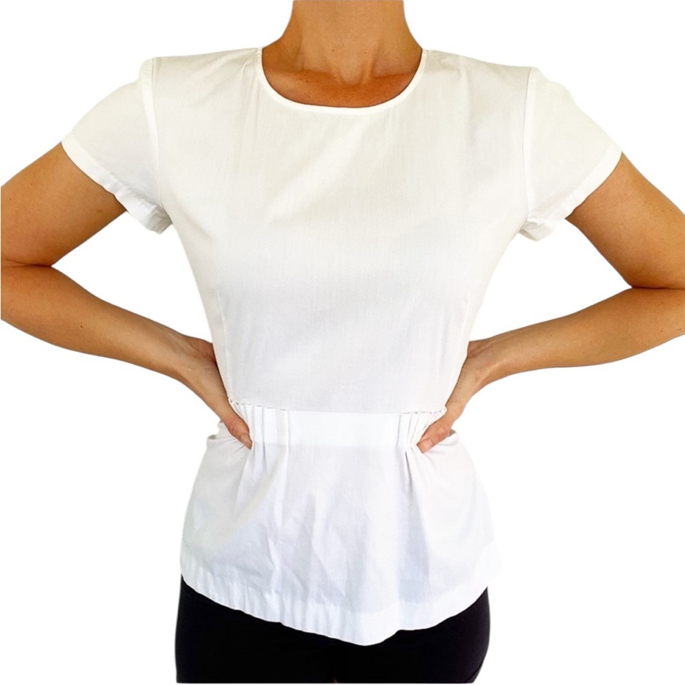 Theory Carrian Stretch Cotton Peplum Short Sleeve Round Neck Career Top White S